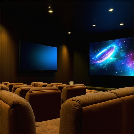 Luxurious home theater with projector, blackout shades, and large screen
