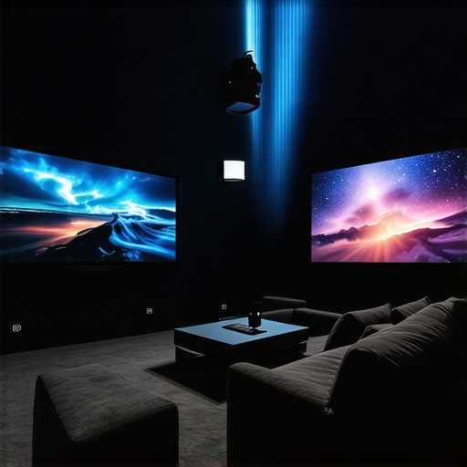 A sleek, state-of-the-art home theater with advanced projection and lighting technology