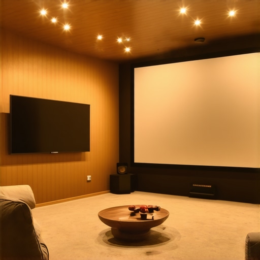 A cozy home theater room featuring a projector and large screen with ambient lighting