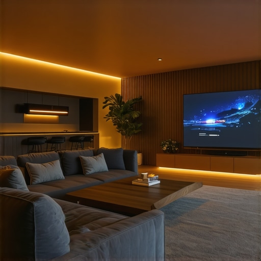 Living room showcasing a large TV and projector for home theater