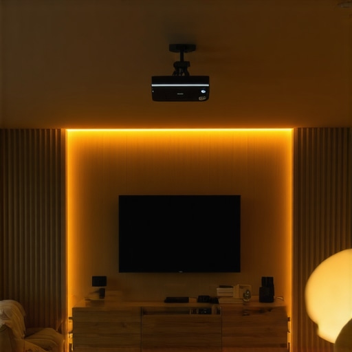 Living room with both a large smart TV and a ceiling-mounted projector in ambient lighting